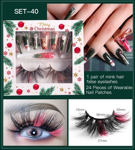 Detailed view of Christmas beauty set featuring festive false eyelashes and snowman nail art