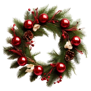 Détails d'une couronne de Noël avec aiguilles de pin, baies rouges, pommes de pin et boules