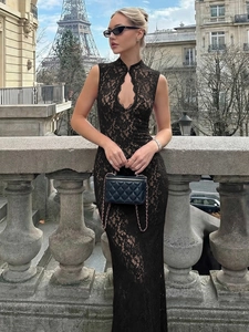 Vestito Lungo In Pizzo Senza Maniche Scollo A Goccia Aderente Spacco Posteriore Sexy Elegante Da Sera Donna