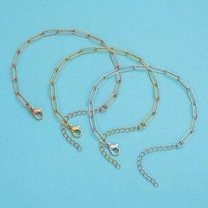 Detailed view of paperclip chain bracelets in rose gold, gold, and silver finishes