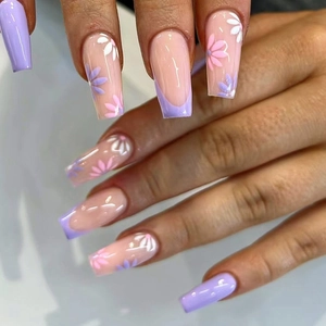 Lavender Purple Daisy French Coffin Press On Nails Long Sweet Fresh Style Artificial Fake Nails With Liquid Glue