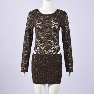 Detail of dark brown lace sequins dress featuring waist cutout and slim fit long sleeves