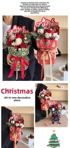 Detail of Christmas gift bucket with plush snowman, faux roses, and festive pine cones