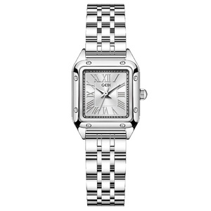 Elegant silver square quartz watch for women with Roman numerals and steel bracelet