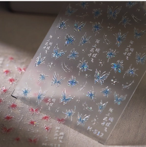 Macro shot of M-512 holographic butterfly and floral nail art stickers with thin film texture