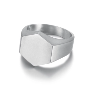 Minimalist silver hexagon signet ring with brushed metal finish and geometric design