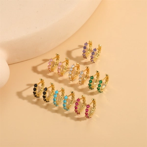 Boucles D'oreilles Créoles Huggie Rondes Géométriques En Cuivre Plaqué Or Avec Zircone Colorée Bijoux Pour Femmes