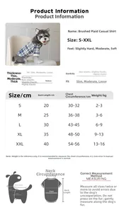 Size guide for plaid pet shirt showing chest, back length measurements and sizing chart