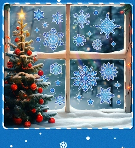 Blue Christmas snowflake static window stickers showing stars and holiday tree decor