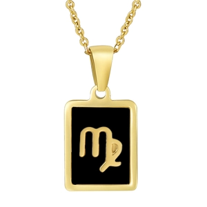 Macro view of 18K gold plated Virgo zodiac pendant with black inlay on stainless steel chain