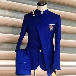 Detail of navy blue plus size men suit with stand collar and gold decorative buttons