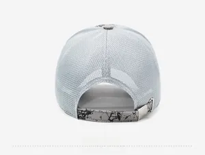Detail view of the breathable mesh fabric and adjustable marble pattern strap on the sun hat