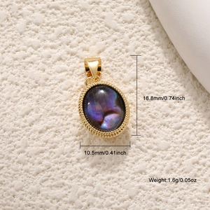 Detailed view of oval purple stone pendant with dimensions 18.8mm and gold plated trim
