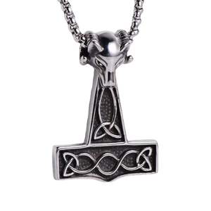Viking Mjölnir pendant necklace with ram head and Celtic knots in antique silver