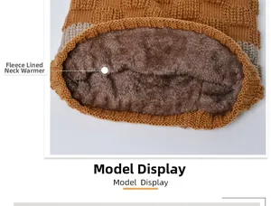 Close-up of brown knitted neck warmer with thick thermal fleece lining detail