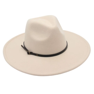 Detail view of cream fedora hat featuring a narrow black leather band with a gold buckle