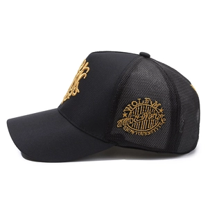 Men's summer black trucker hat with gold embroidery and breathable mesh panels