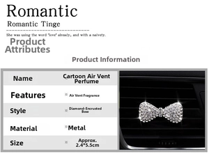 Macro detail of diamond-studded bow car air freshener vent clip showing metal texture