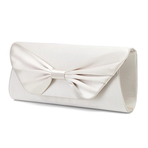Elegant pearl white satin evening clutch bag featuring a prominent oversized bow design