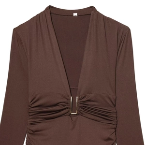 Brown ruched long sleeve bodysuit with deep V-neck and gold U-ring metal buckle detail