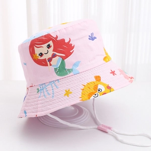 Detailed view of the pink sun hat with mermaid and sea animal prints and adjustable strap