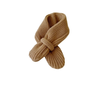 Soft khaki knitted baby scarf with a stylish cross-knot design for winter warmth