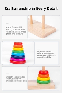 Détails de la base en bois poli et des anneaux colorés du jouet éducatif Tour de Hanoï