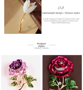 Close-up of enamel rose and tulip brooches with rhinestone accents and gold plating