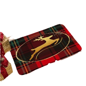 Christmas flannel absorbent door mat with red green plaid and golden reindeer