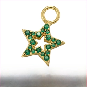Detail of star-shaped brass charm with green zircon micro-pave and gold plating finish