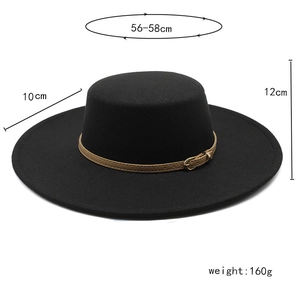 Flat top wool felt hat with brown buckle band and dimensions: 12cm height, 10cm brim
