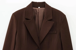 Detail of dark brown business suit jacket showing lapel and textured fabric stitching