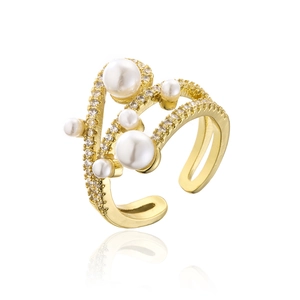 Detail of 18K gold plated ring with irregular pearls and cubic zirconia clusters