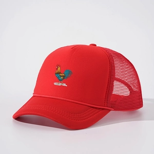 Red mesh trucker hat with colorful rooster embroidery and decorative front rope detail