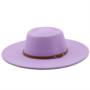 Detail of purple wool felt fedora featuring a brown leather decorative band and metal buckle