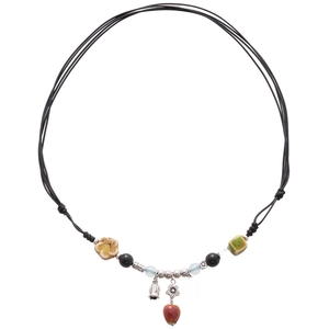 Ethnic ceramic beaded necklace with auspicious charms and woven cord in Neo-Chinese style