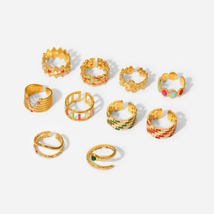 10-piece set of 18K gold plated geometric rings with colorful enamel drip oil designs
