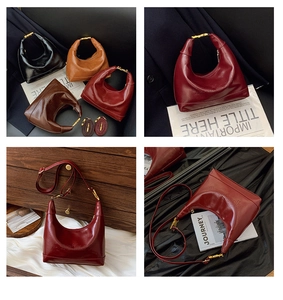 Detail view of stylish leather hobo bags in black, tan, and burgundy with gold hardware