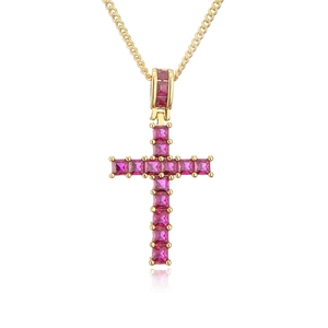 Luxury gold plated geometric necklace featuring a cross pendant with pink gemstones