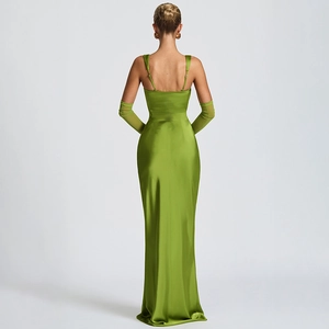 Back view of a sleek green satin evening gown featuring corset boning and long gloves