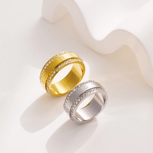 Fashion Roman Numeral Double Row Rhinestone Titanium Steel Ring Unisex Gold Silver Polished Geometric Finger Ring Jewelry