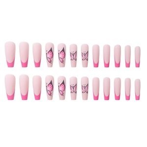 Unghie finte a bara rosa con punte french e disegni di farfalle set da 24 pezzi