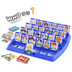 Interactive 'Who Is It?' board game with blue flip cards and cartoon character cards