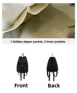 Dettaglio interno zaino in nylon con 1 tasca con cerniera e 2 tasche portaoggetti