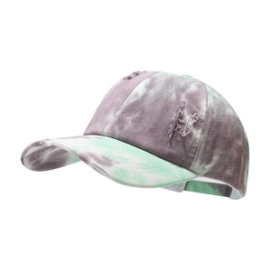Tie-dye baseball cap with purple and green distressed details in 45-degree view