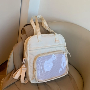 Japanese Harajuku Style Solid Color Canvas Ita Bag Large Capacity Transparent Window Tote For School Students Multi Functional