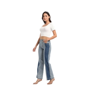 High-waisted two-tone straight jeans with contrast denim stitching and raw fringe hem