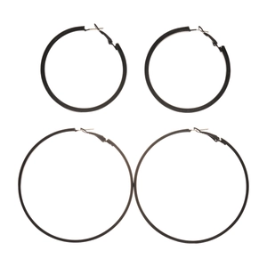 Minimalist black geometric round hoop earring set in two sizes on white background