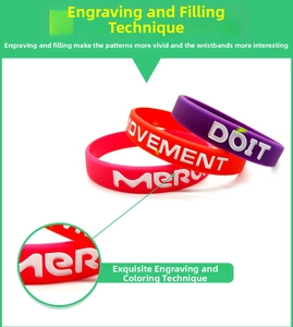 Detail of debossed color-filled silicone wristbands with bold white movement text