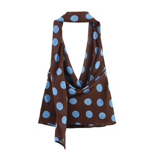 Brown halter top with light blue polka dots and a lightweight scarf neckline for women